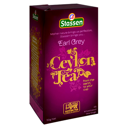 Boczny widok pudełka herbaty Stassen Earl Grey – aromatyzowana herbata cejlońska.