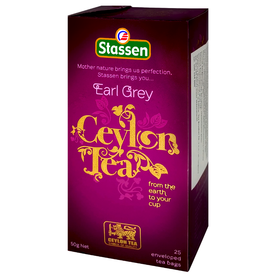 Pudełko herbaty Stassen Earl Grey z prawego boku – elegancka herbata w 25 kopertach.