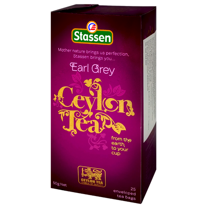 Pudełko herbaty Stassen Earl Grey z prawego boku – elegancka herbata w 25 kopertach.