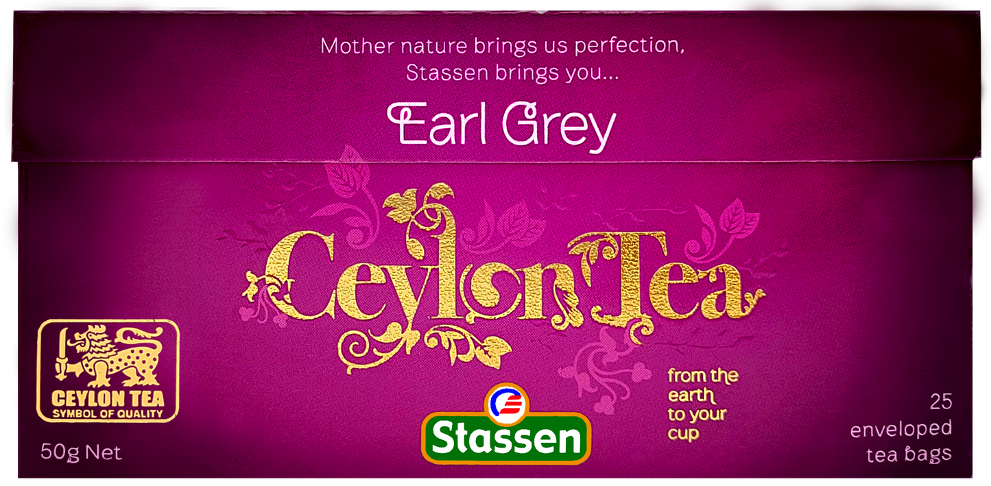 Płasko ułożone opakowanie herbaty Stassen Earl Grey Tea – 25 torebek.