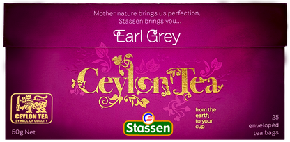 Płasko ułożone opakowanie herbaty Stassen Earl Grey Tea – 25 torebek.