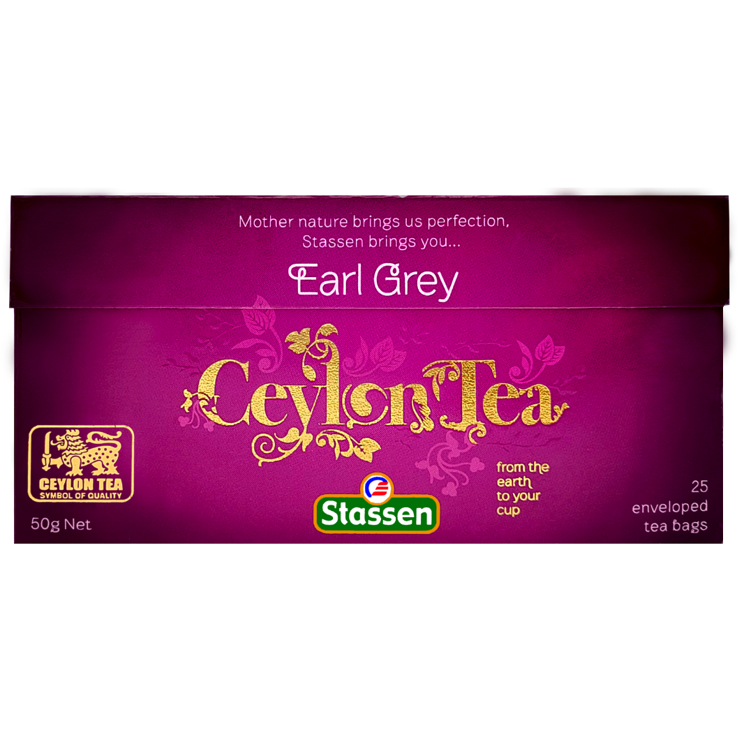 Płasko ułożone opakowanie herbaty Stassen Earl Grey Tea – 25 torebek.