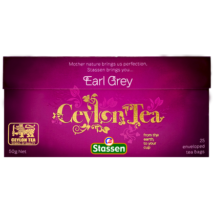 Płasko ułożone opakowanie herbaty Stassen Earl Grey Tea – 25 torebek.