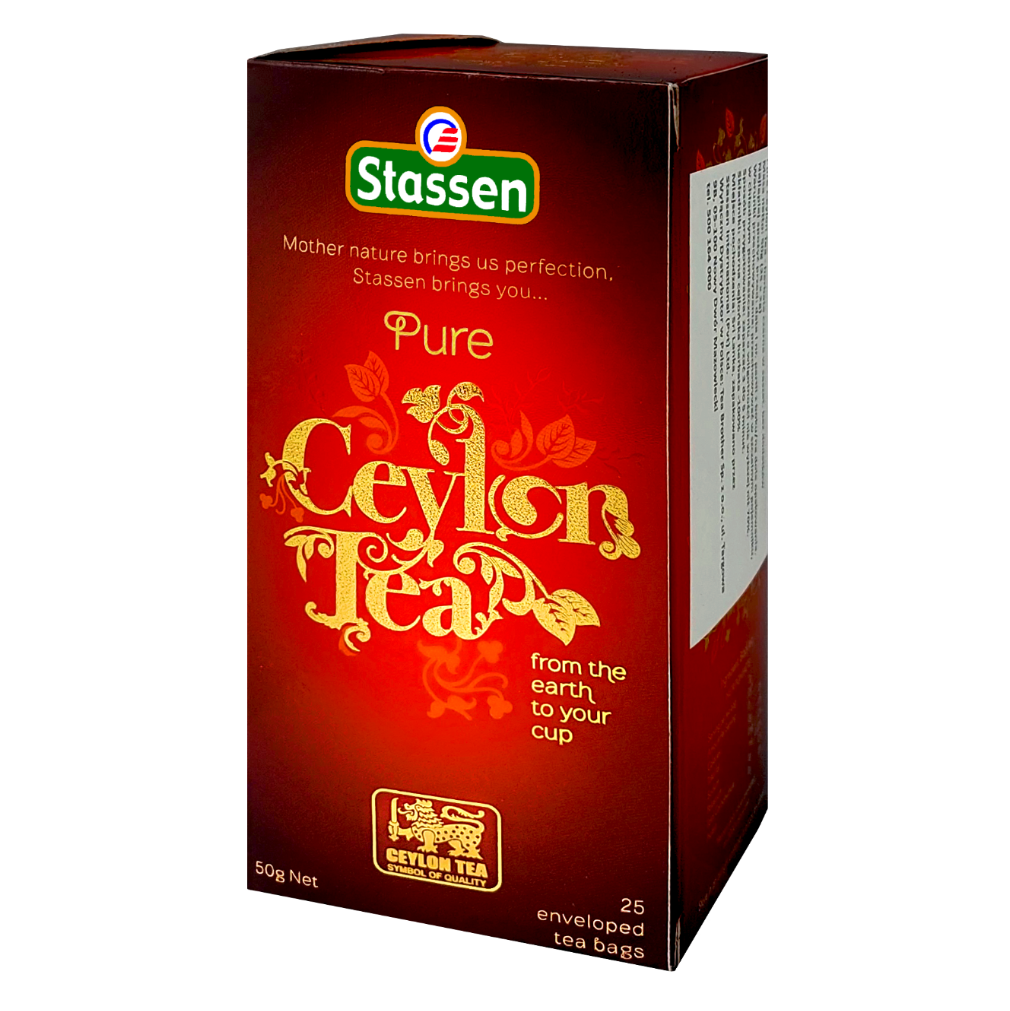 Pudełko herbaty czarnej Stassen Pure Ceylon stojące.
