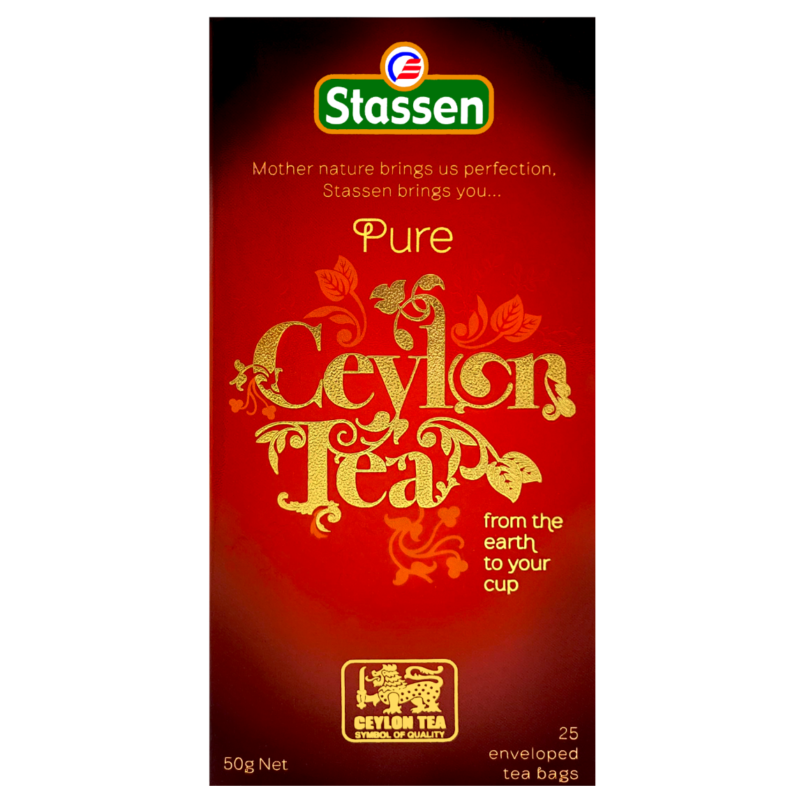 Herbata czarna Stassen Pure Ceylon – pudełko z przodu z logo Ceylon Tea.