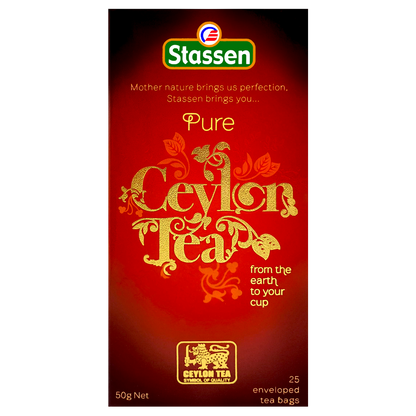 Herbata czarna Stassen Pure Ceylon – pudełko z przodu z logo Ceylon Tea.