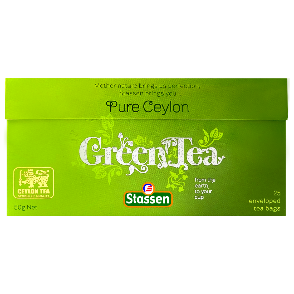 Opakowanie Stassen Pure Ceylon Green Tea ułożone płasko.