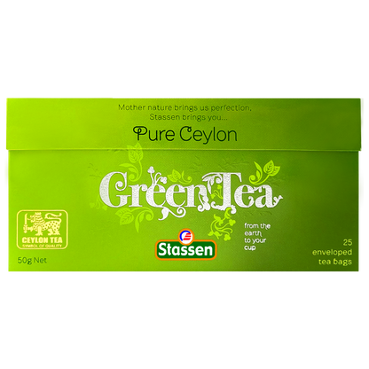 Opakowanie Stassen Pure Ceylon Green Tea ułożone płasko.