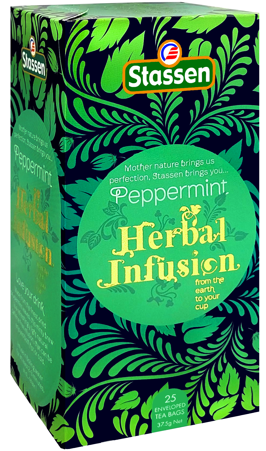 Bok opakowania herbaty Stassen Peppermint Herbal Infusion z motywem roślinnym.