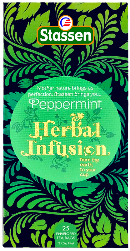 Pudełko herbaty Stassen Peppermint Herbal Infusion – widok z przodu.