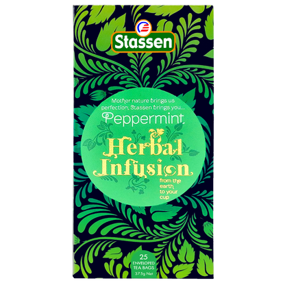 Pudełko herbaty Stassen Peppermint Herbal Infusion – widok z przodu.