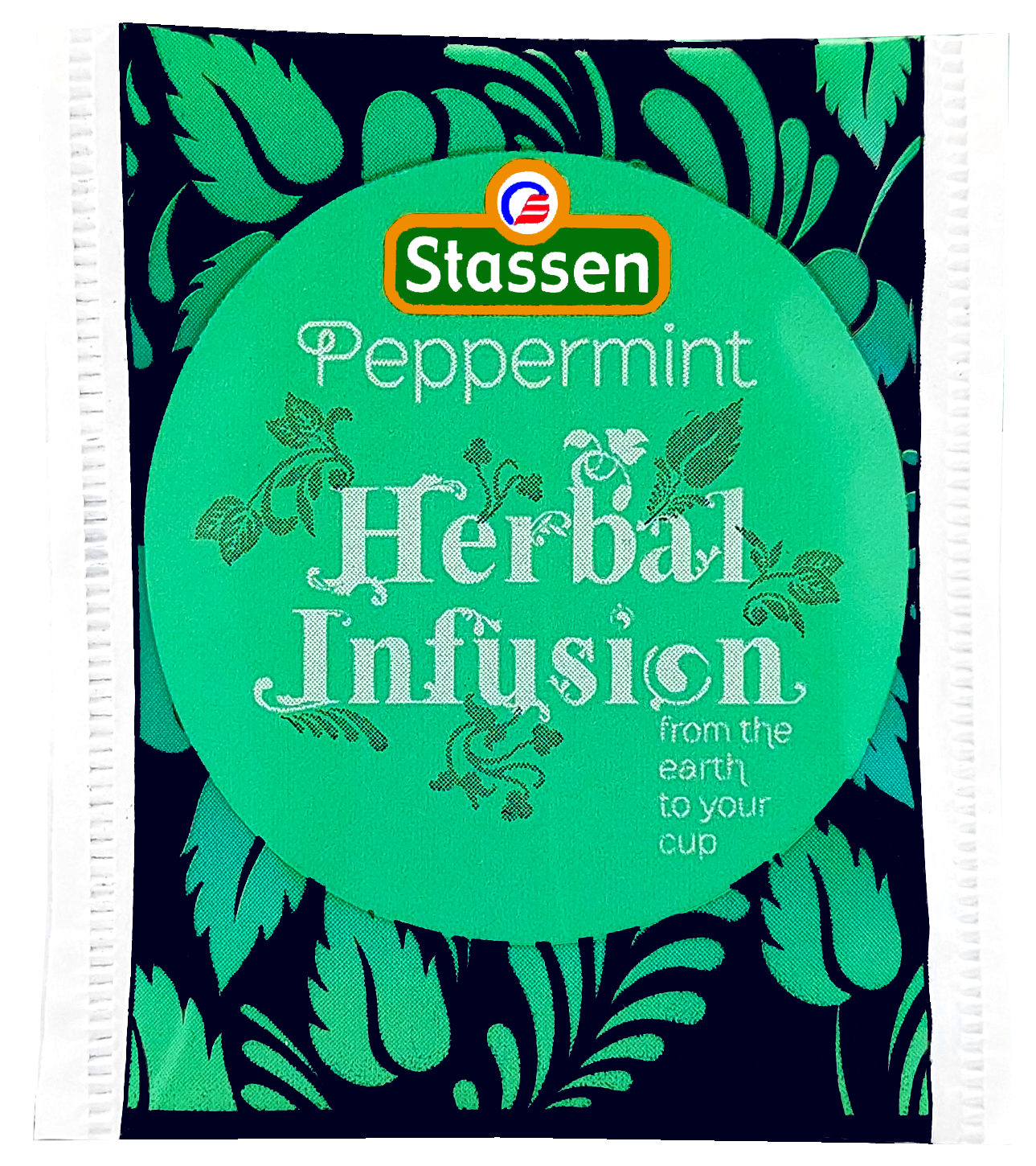 Saszetka herbaty ziołowej Stassen Peppermint Herbal Infusion w zielonej oprawie.