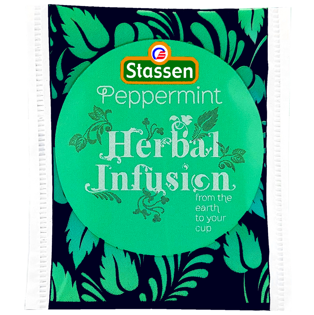 Saszetka herbaty ziołowej Stassen Peppermint Herbal Infusion w zielonej oprawie.