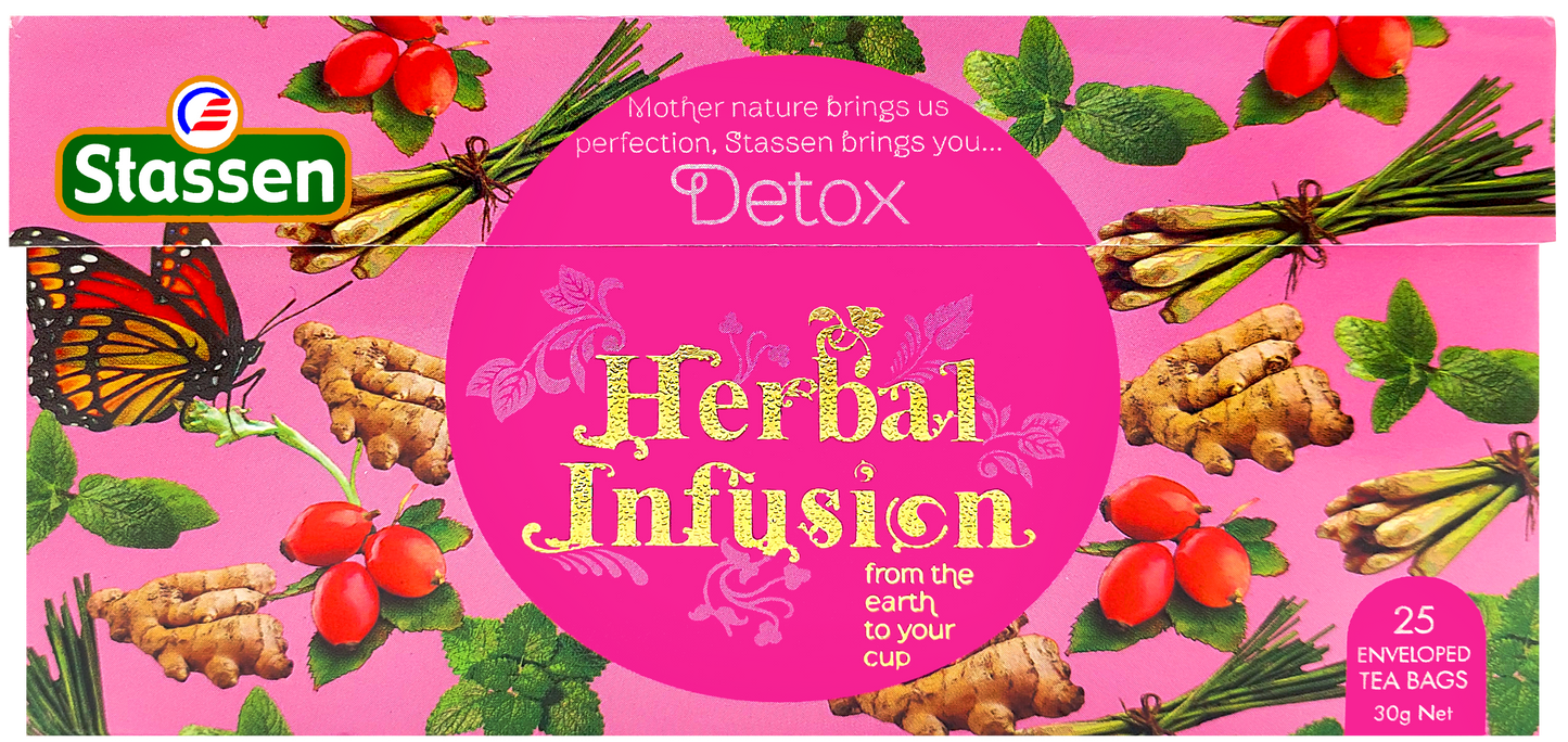 Herbata Stassen Detox Herbal Infusion w opakowaniu różowym na płasko