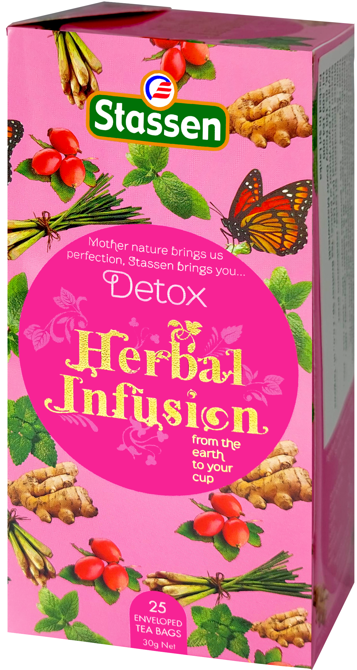 Opakowanie herbaty Stassen Detox Herbal Infusion prezentowane pod kątem