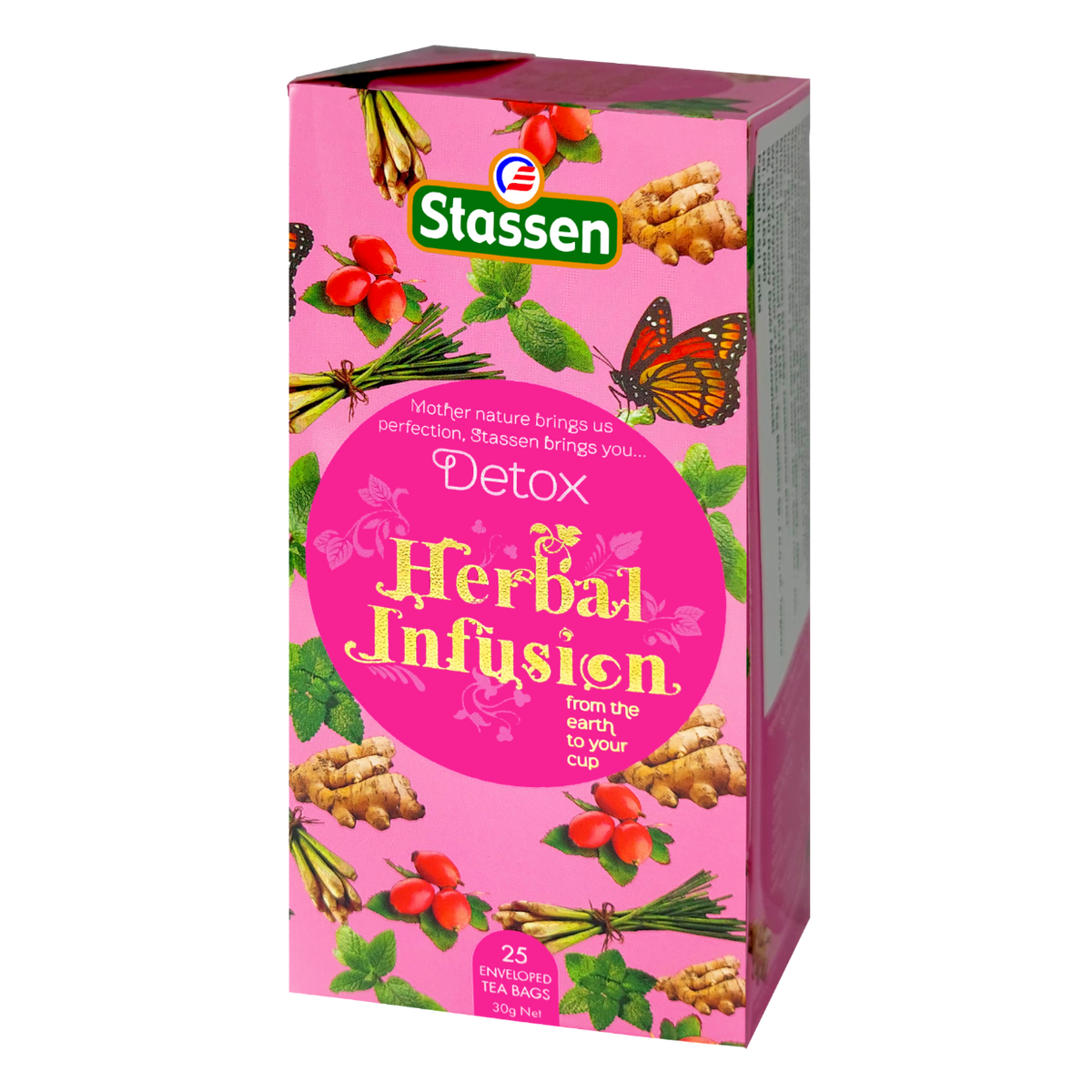 Opakowanie herbaty Stassen Detox Herbal Infusion prezentowane pod kątem