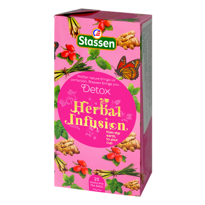 Opakowanie herbaty Stassen Detox Herbal Infusion prezentowane pod kątem