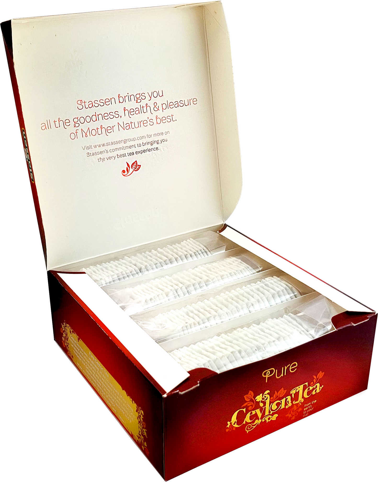 Otwarta herbata Stassen Pure Ceylon Tea z widocznymi kopertami w środku