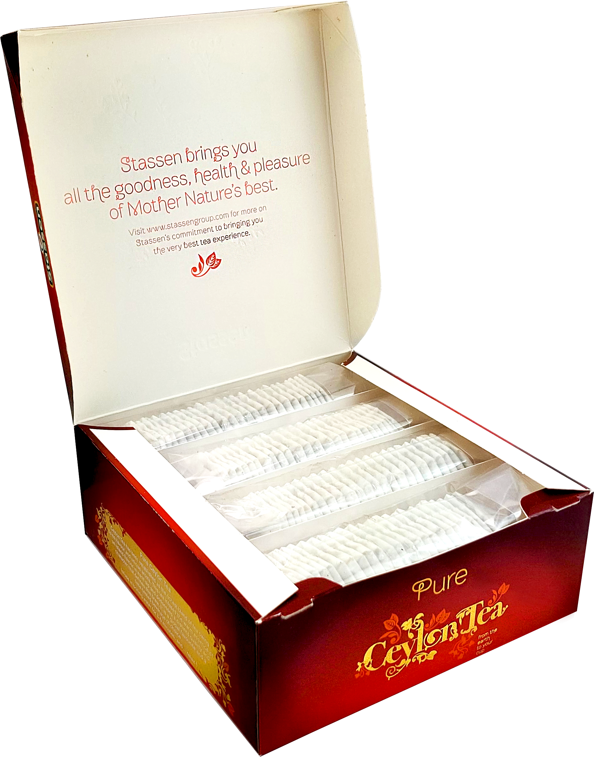 Otwarta herbata Stassen Pure Ceylon Tea z widocznymi kopertami w środku