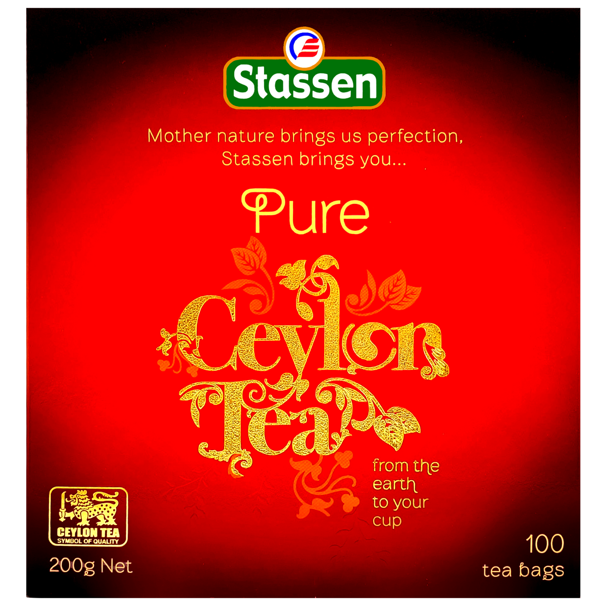 Pudełko herbaty Stassen Pure Ceylon Tea w czerwonej eleganckiej szacie graficznej
