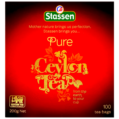 Pudełko herbaty Stassen Pure Ceylon Tea w czerwonej eleganckiej szacie graficznej