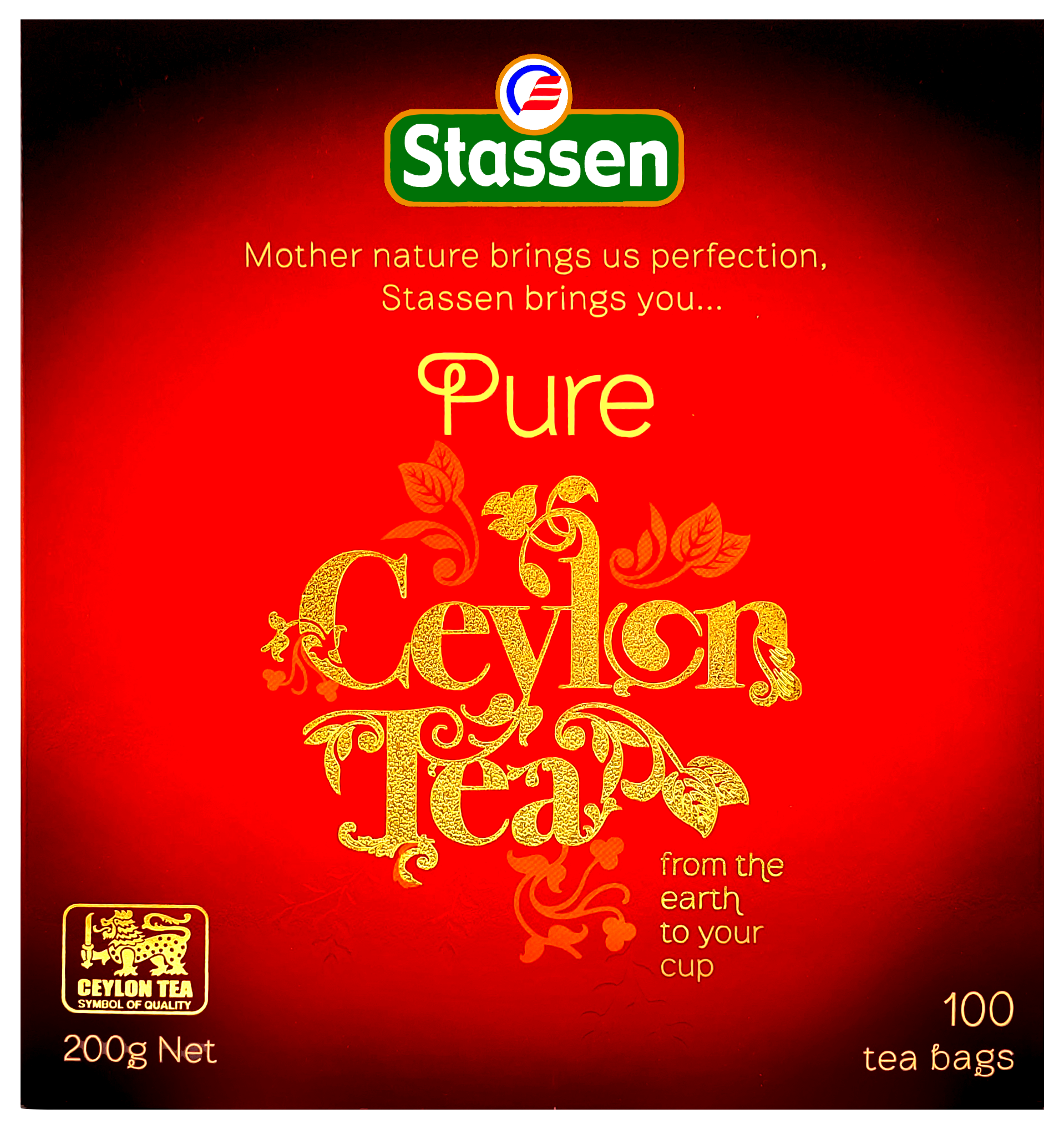 Pudełko herbaty Stassen Pure Ceylon Tea w czerwonej eleganckiej szacie graficznej