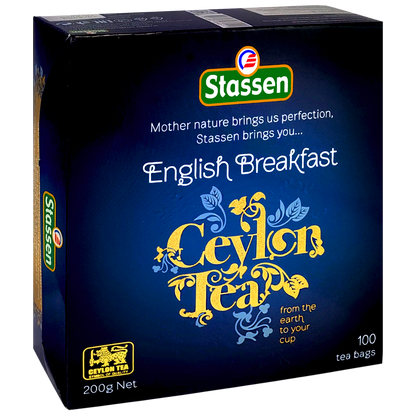 Herbata Stassen English Breakfast Ceylon Tea w kartonowym pudełku widok boczny