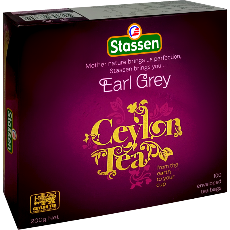Herbata Stassen Earl Grey Ceylon Tea 100 kopert – eleganckie opakowanie z motywem liści.