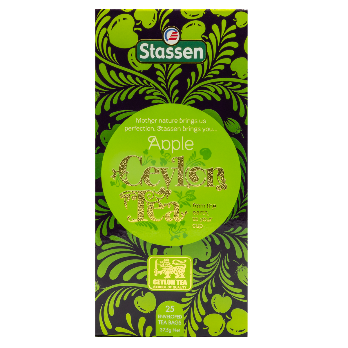 Widok z góry na opakowanie herbaty Stassen Apple Tea z ozdobnym motywem jabłek.