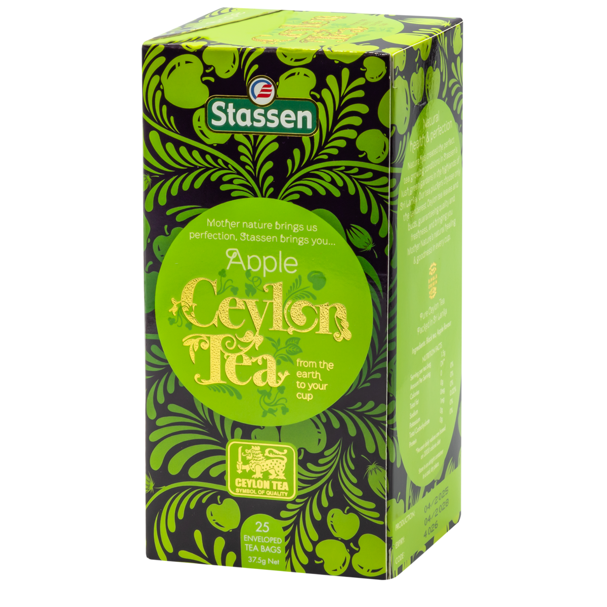 Front opakowania herbaty Stassen Apple Ceylon Tea w zielonym pudełku.