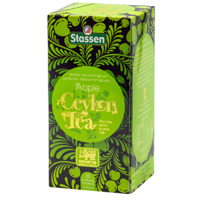 Front opakowania herbaty Stassen Apple Ceylon Tea w zielonym pudełku.