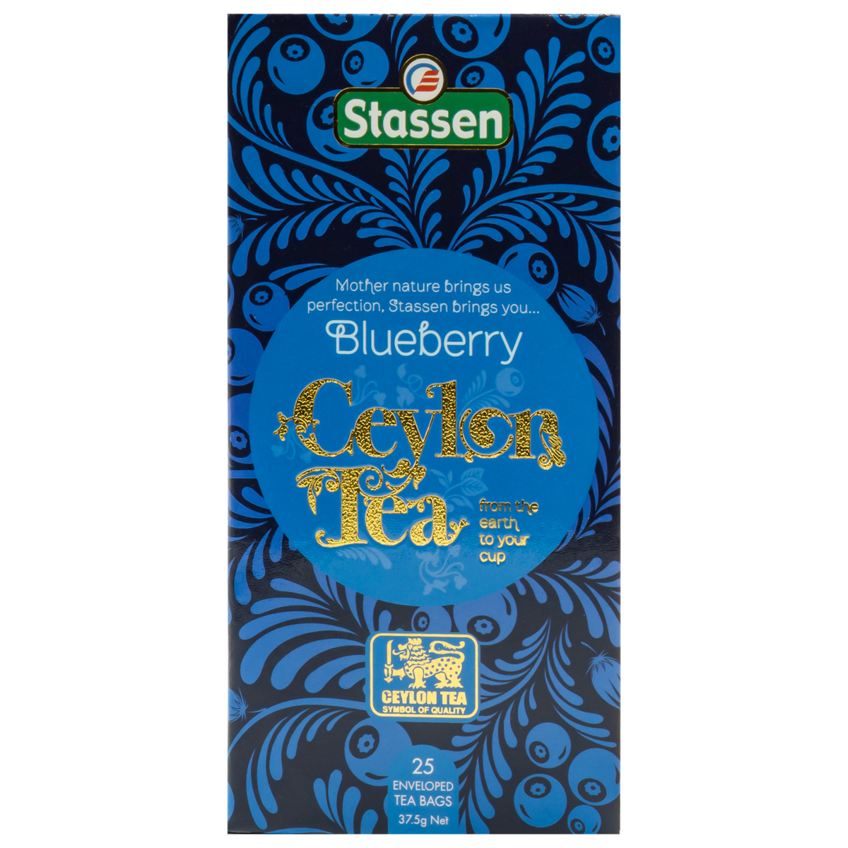Front opakowania herbaty Stassen Blueberry Ceylon Tea z motywem borówek.