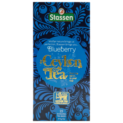 Front opakowania herbaty Stassen Blueberry Ceylon Tea z motywem borówek.