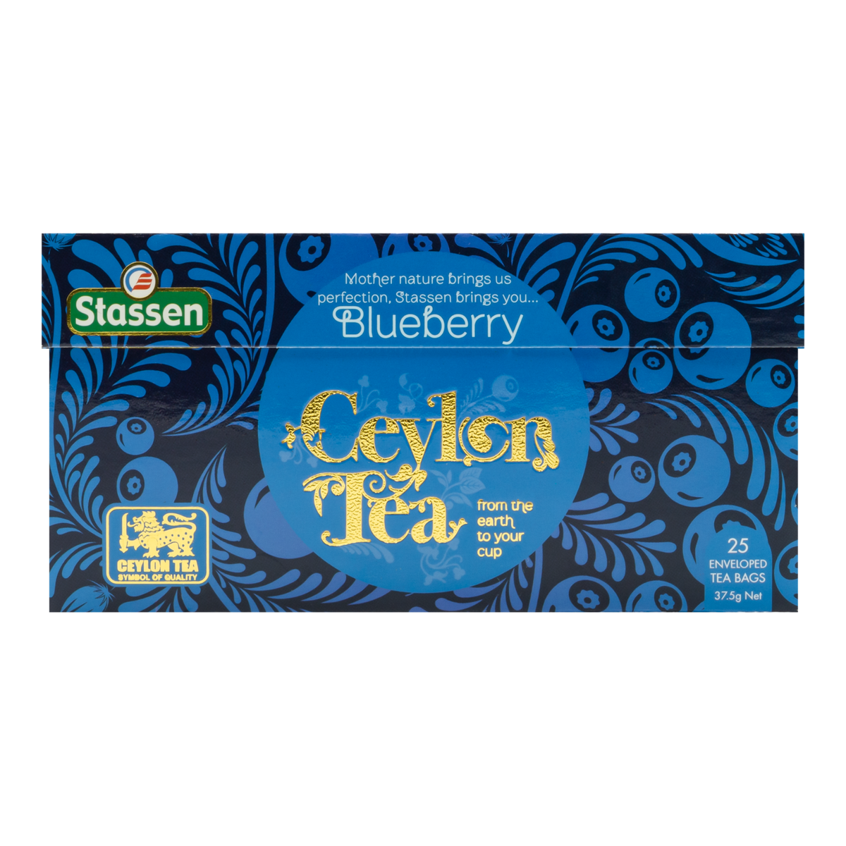 Widok z góry na pudełko herbaty Stassen Blueberry Tea w granatowej tonacji.