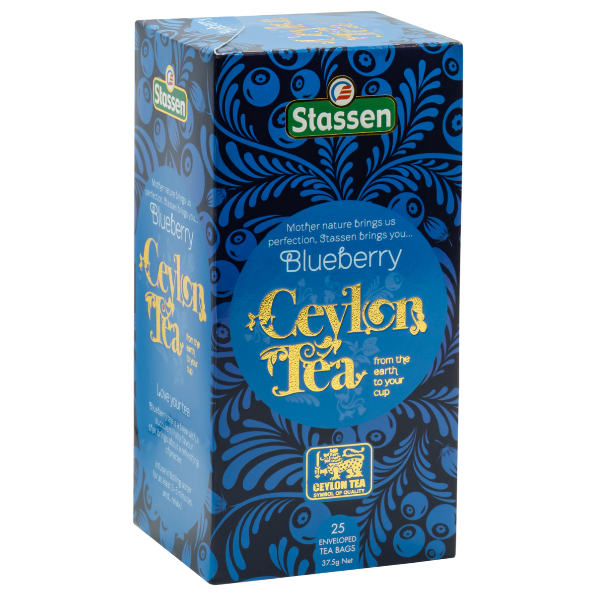 Pudełko herbaty Stassen Blueberry Ceylon Tea w niebieskim opakowaniu.