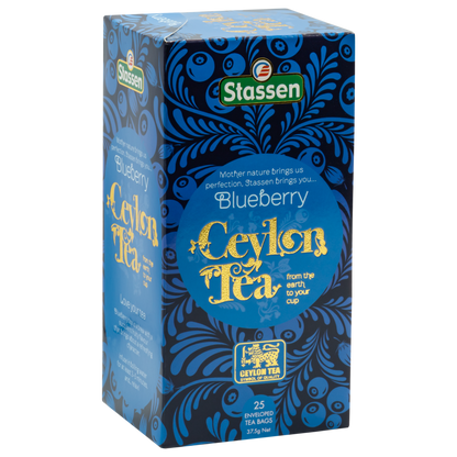 Pudełko herbaty Stassen Blueberry Ceylon Tea w niebieskim opakowaniu.