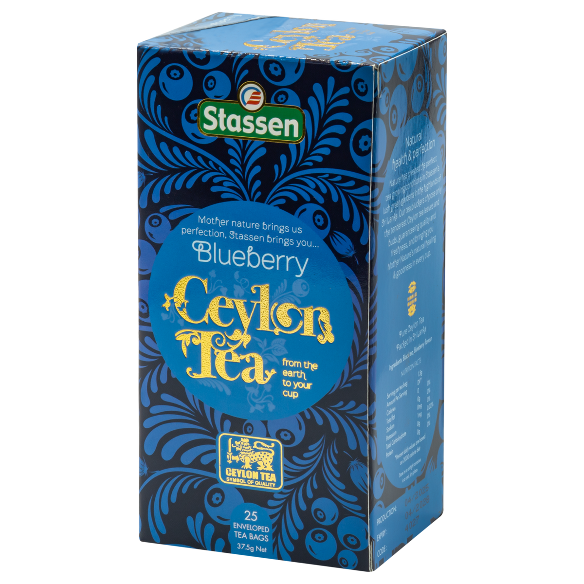 Opakowanie herbaty Stassen Blueberry Ceylon Tea w perspektywie z widocznym logo marki.