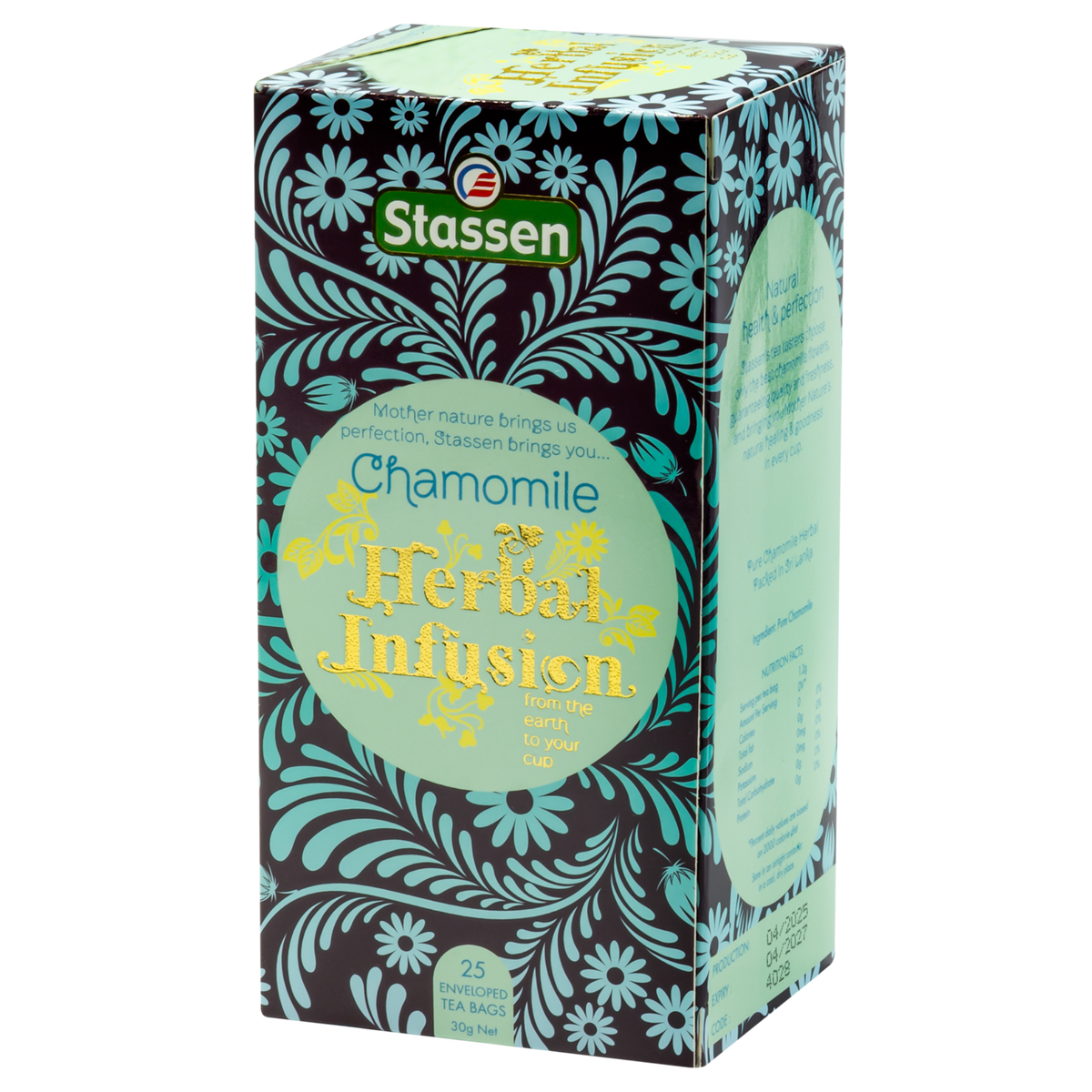 Pudełko herbaty Stassen Chamomile Herbal Infusion w ujęciu pod kątem.