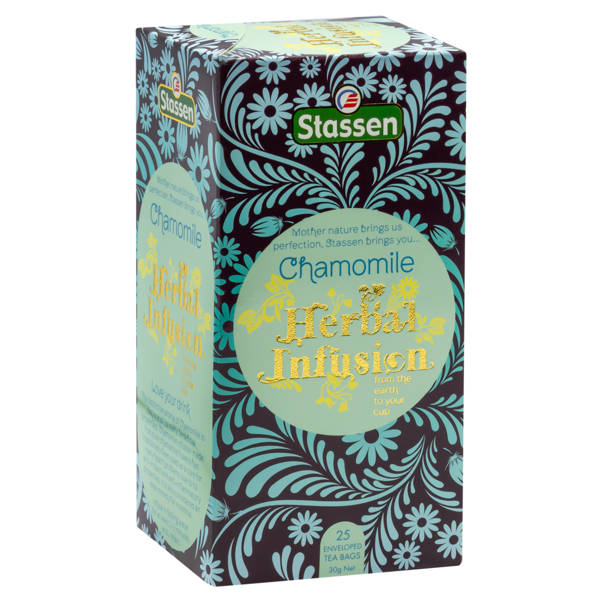 Pudełko herbaty Stassen Chamomile Herbal Infusion pokazane z boku.