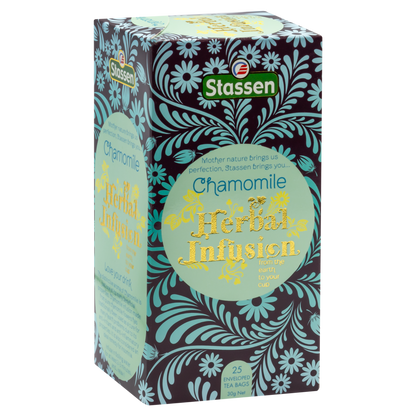 Pudełko herbaty Stassen Chamomile Herbal Infusion pokazane z boku.