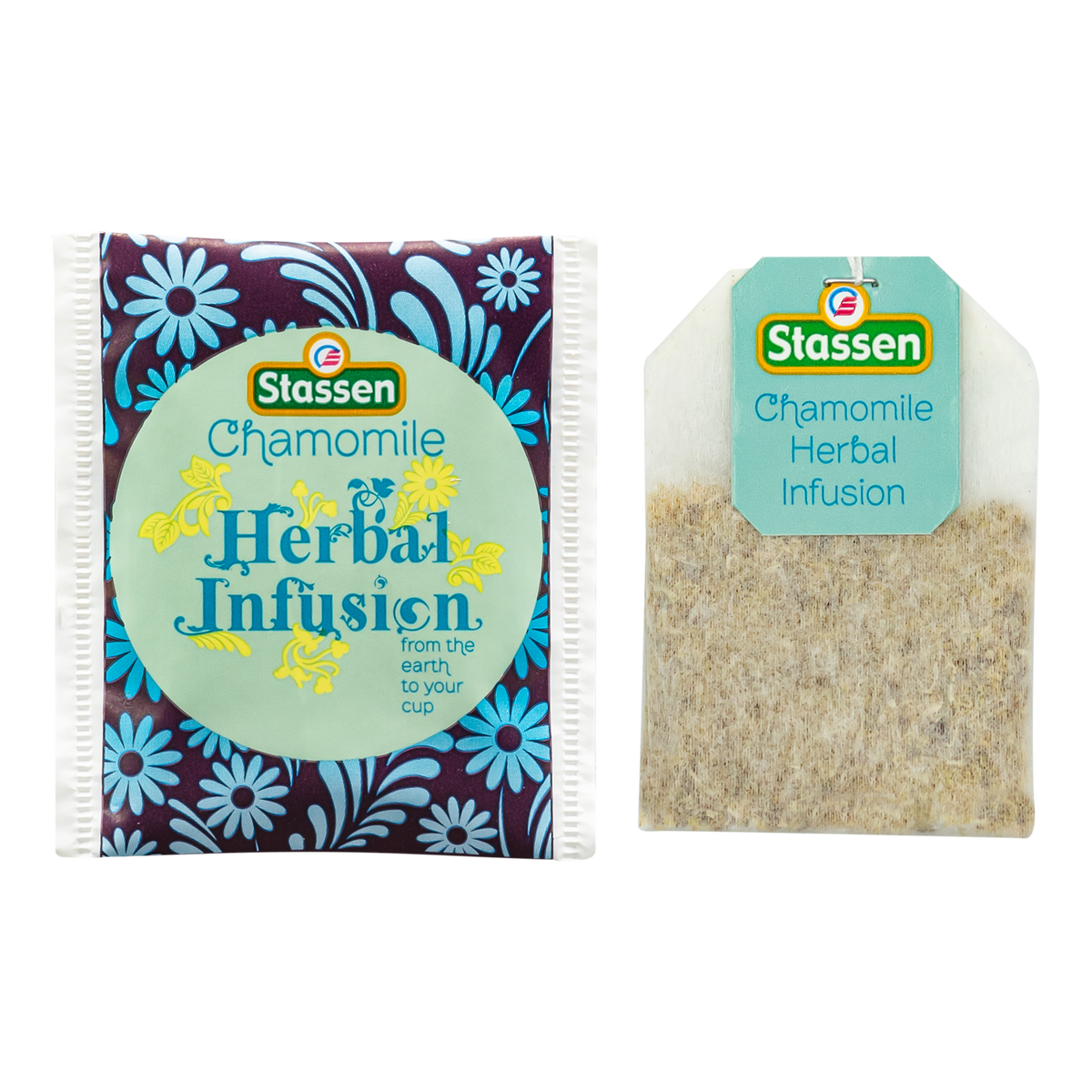Saszetka i torebka herbaty Stassen Chamomile Herbal Infusion obok siebie.