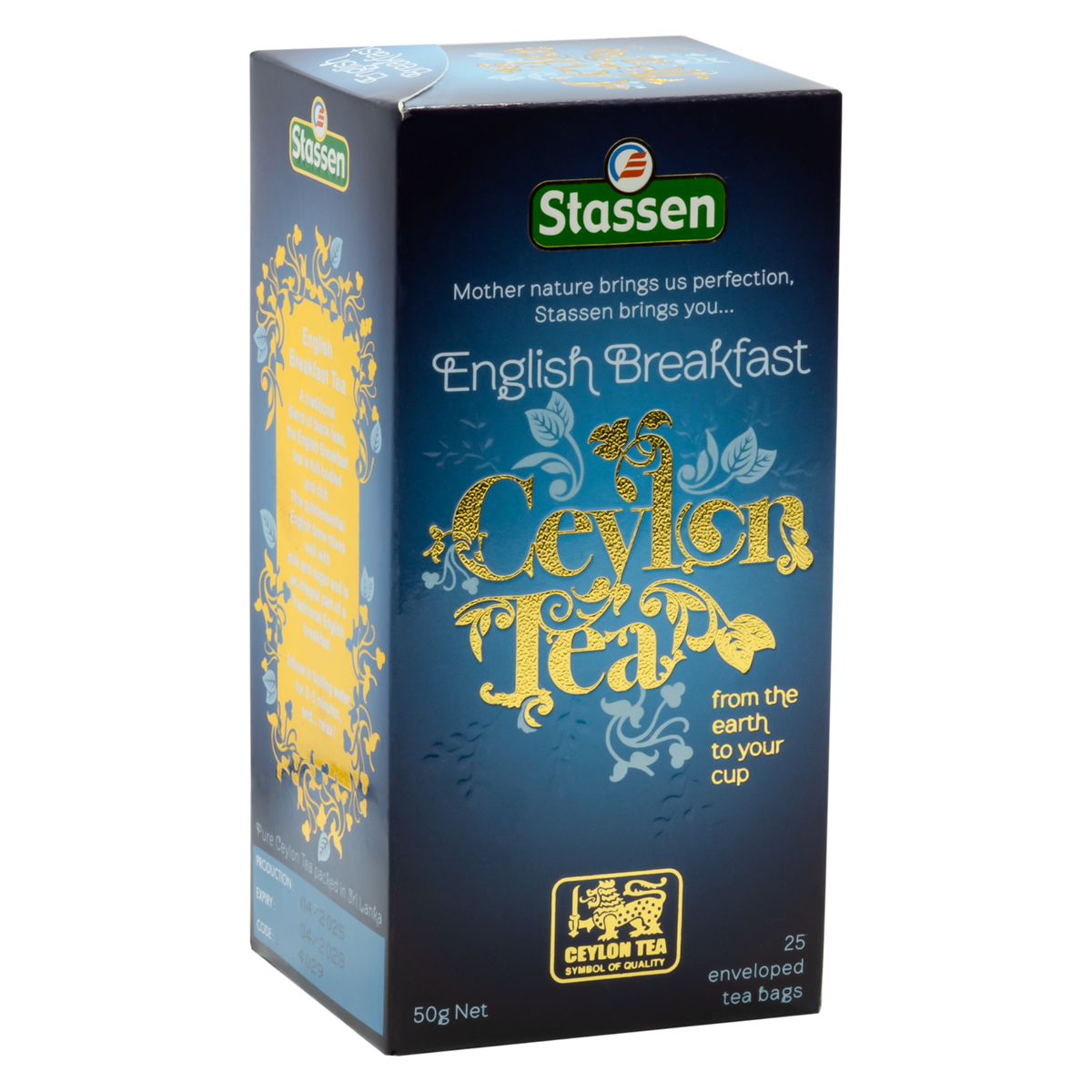 Drugi bok opakowania herbaty Stassen English Breakfast – cejlońska czarna herbata w kopertach.