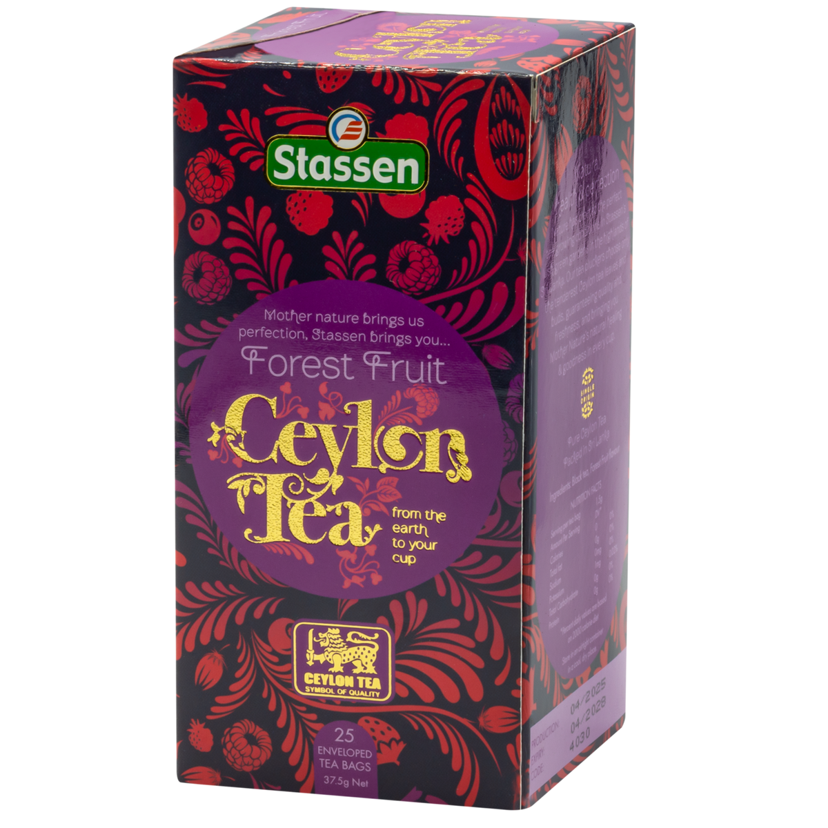 Lewy bok opakowania herbaty Stassen Forest Fruit – informacje o czarnej herbacie aromatyzowanej.