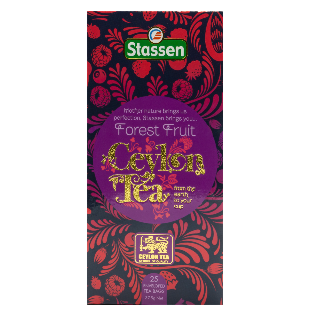 Pionowe pudełko herbaty Stassen Forest Fruit – eleganckie opakowanie z motywem owoców leśnych.