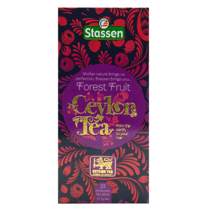 Pionowe pudełko herbaty Stassen Forest Fruit – eleganckie opakowanie z motywem owoców leśnych.