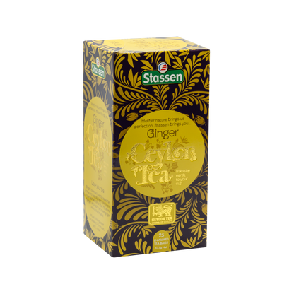 Prawy bok pudełka herbaty Stassen Ginger Tea – aromatyczna czarna herbata cejlońska z imbirem.