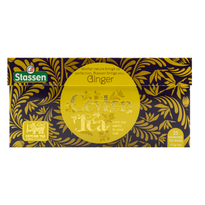 Opakowanie herbaty Ginger Tea Stassen – czarna herbata cejlońska z nutą imbiru.