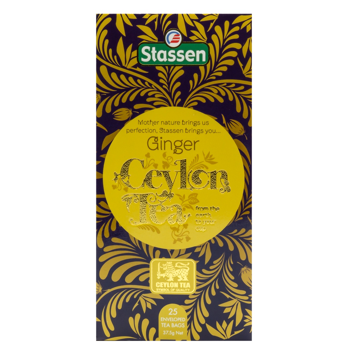 Pionowe pudełko herbaty Stassen Ginger Tea – eleganckie żółto-złote opakowanie.
