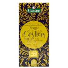 Pionowe pudełko herbaty Stassen Ginger Tea – eleganckie żółto-złote opakowanie.