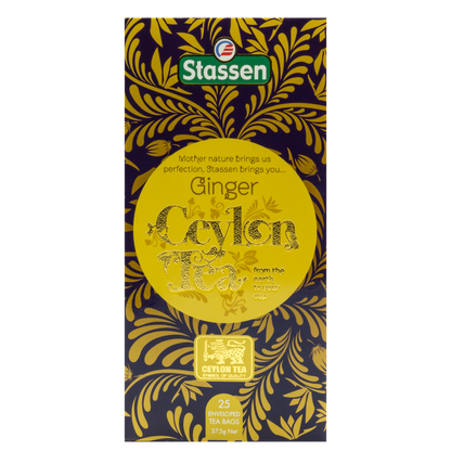 Pionowe pudełko herbaty Stassen Ginger Tea – eleganckie żółto-złote opakowanie.
